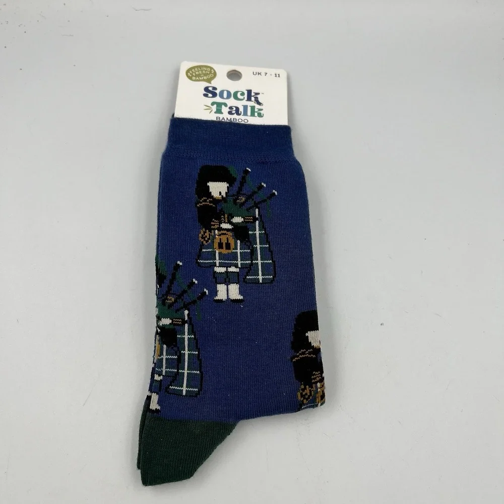 NEW! Sock Talk Ankle Bamboo Socks Scottish Piper Bag Pipe Patterned 1 Pair Blue